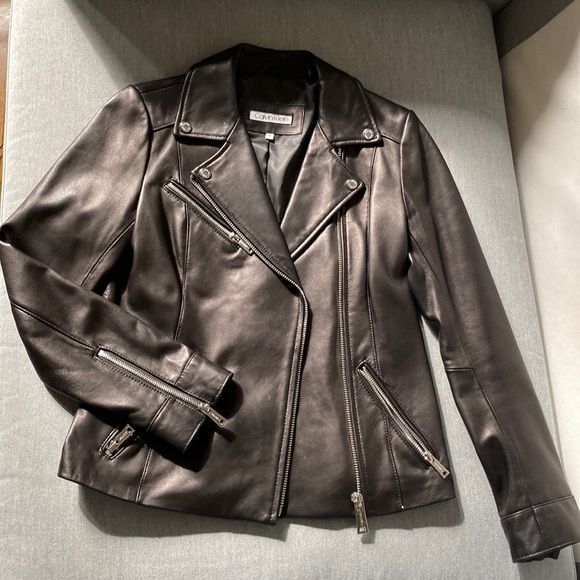 Calvin Klein Biker Leather Jacket Women’s in Black with Silver Hardware - Picture 5 of 10